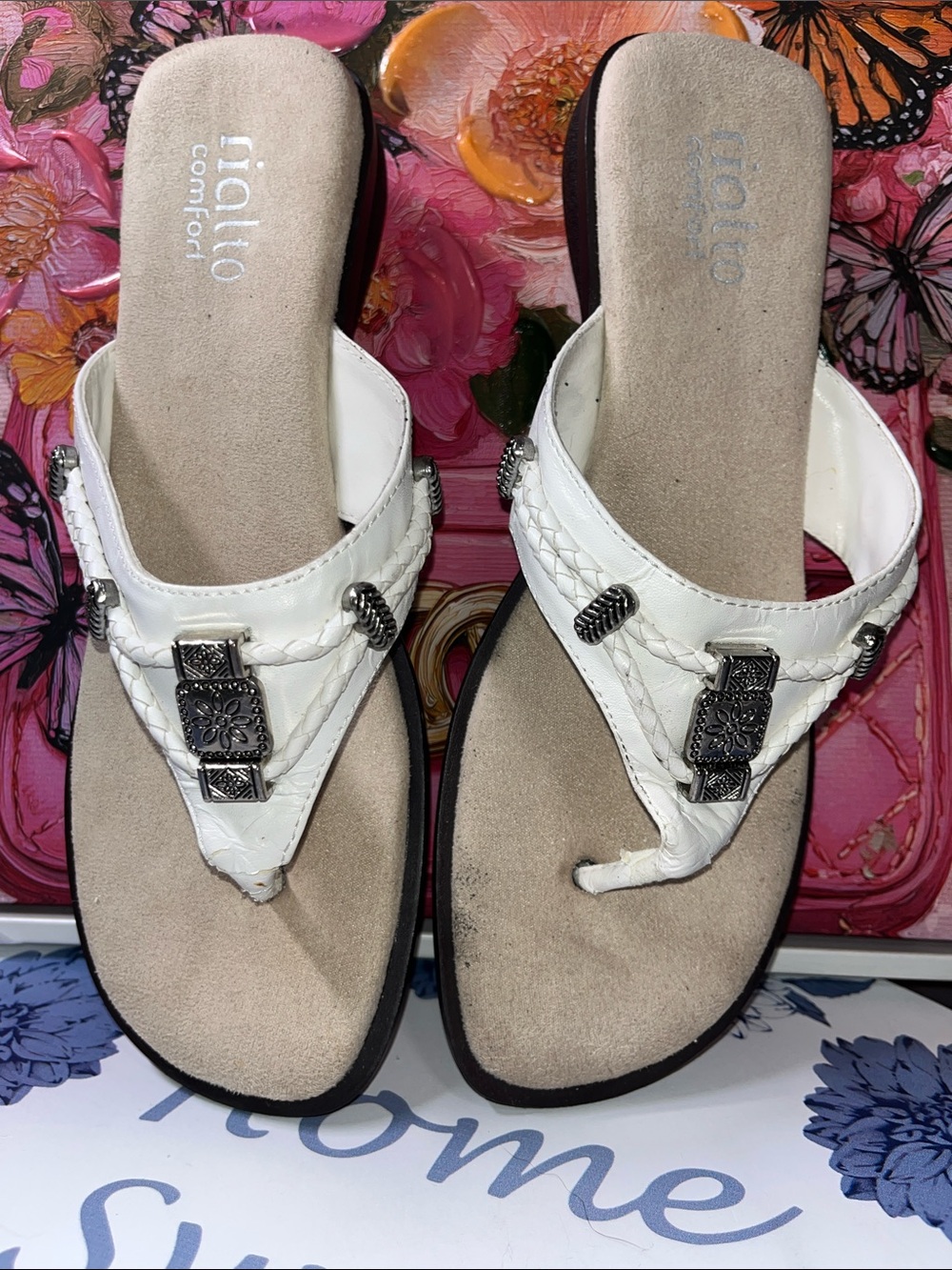 Women's White Braided Thong Sandals